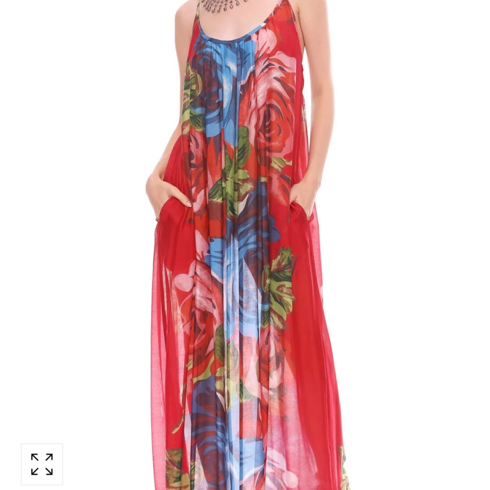 Aratta Red Floral Maxi Dress with Blue and Green Rose Print
